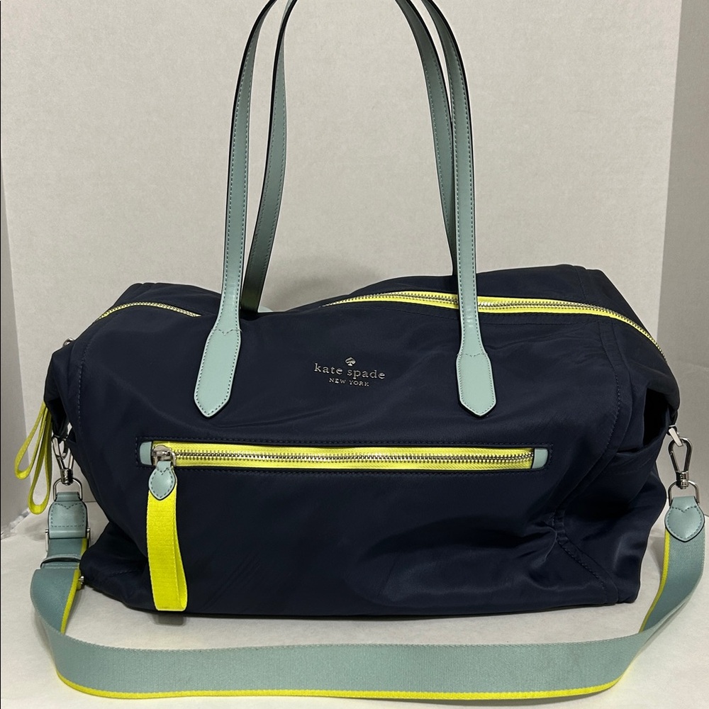 kate spade nylon weekender bag in navy w/ light blue handles and yellow accents - Picture 8 of 8